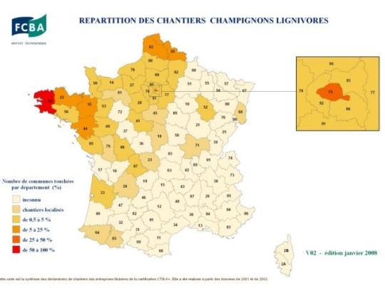 Carte de constatation de chantiers de traitement de champignons lignivores en France établie par l’Institut Technologique FCBA
